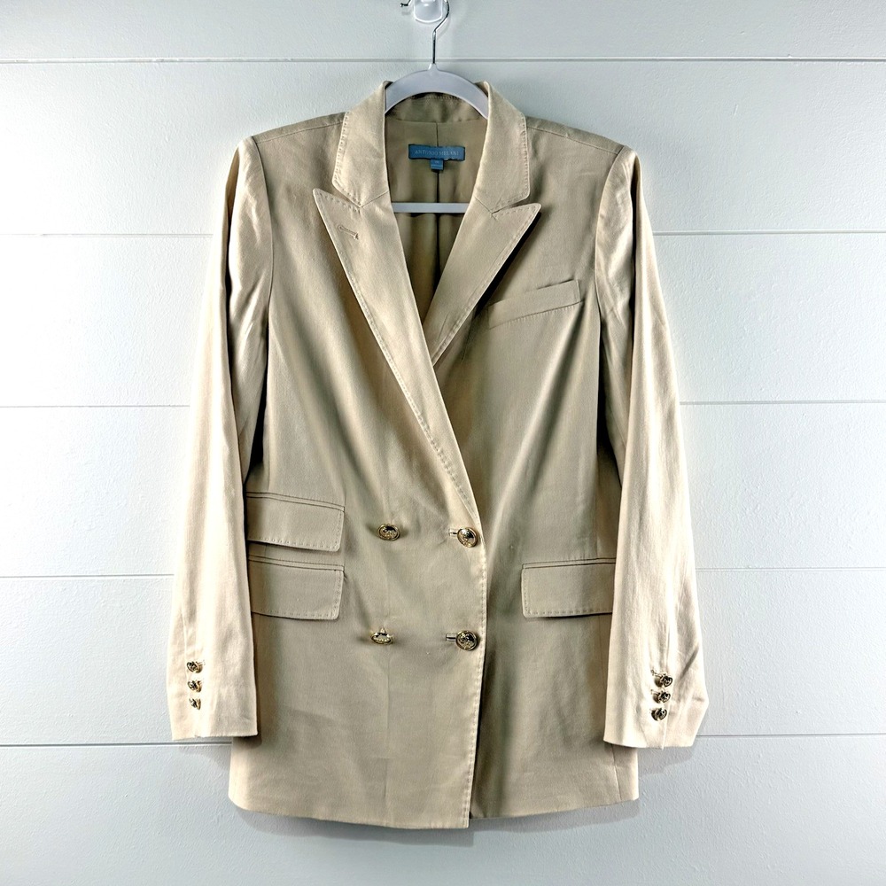 Linen Blend Double Breasted Blazer Jacket Women 10 M Tan Long Sleeve Gold Button